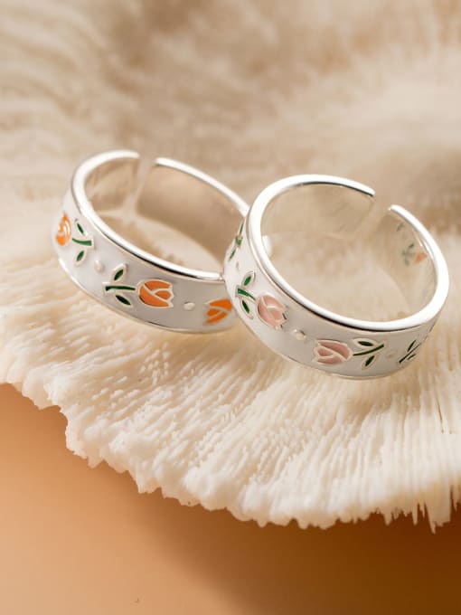 Pink and Orange enamel tulip rings shown together