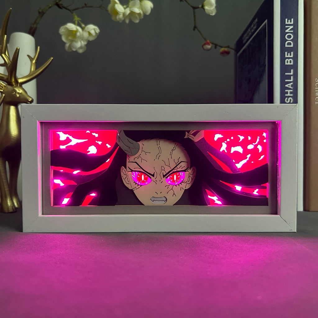 Layered cut paper lamp featuring Nezuko Kamado on pink light setting