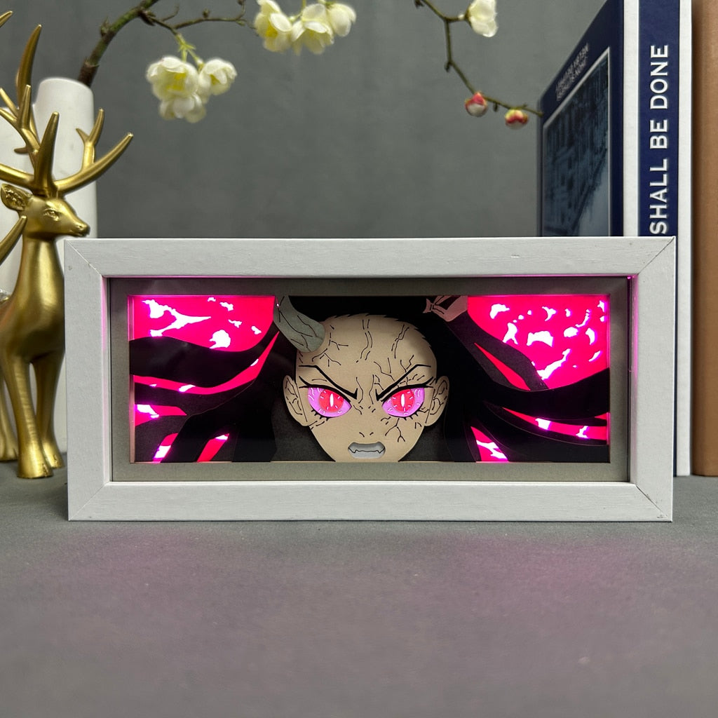 Layered cut paper lamp featuring Nezuko Kamado on pink light setting