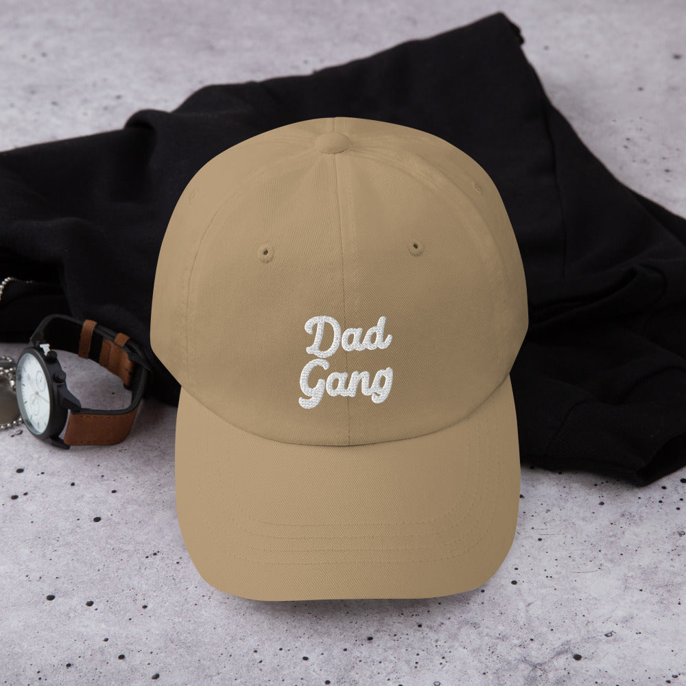 Khaki colored embroidered Dad Gang hat