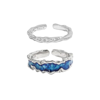 Sterling Silver & Enamel Ring Set - Irregular Ocean Blue/Green Rings