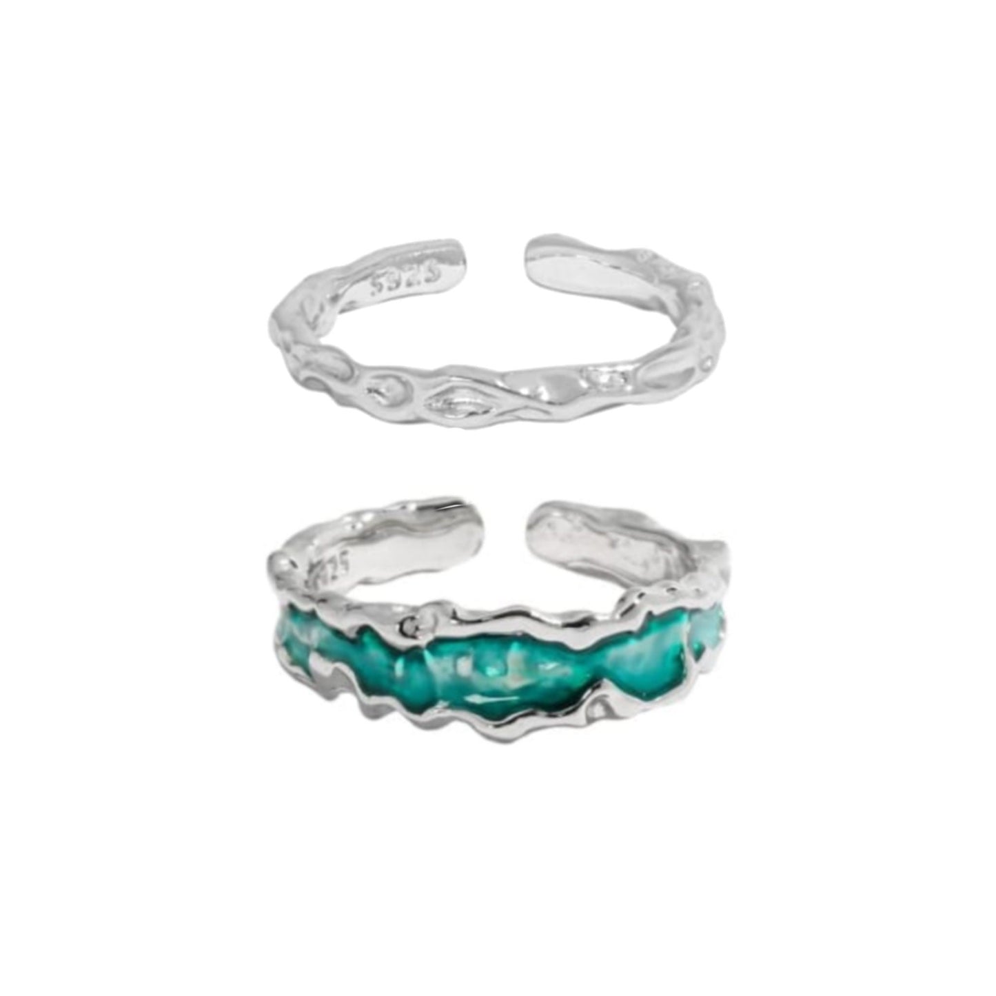 Sterling Silver & Enamel Ring Set - Irregular Ocean Blue/Green Rings